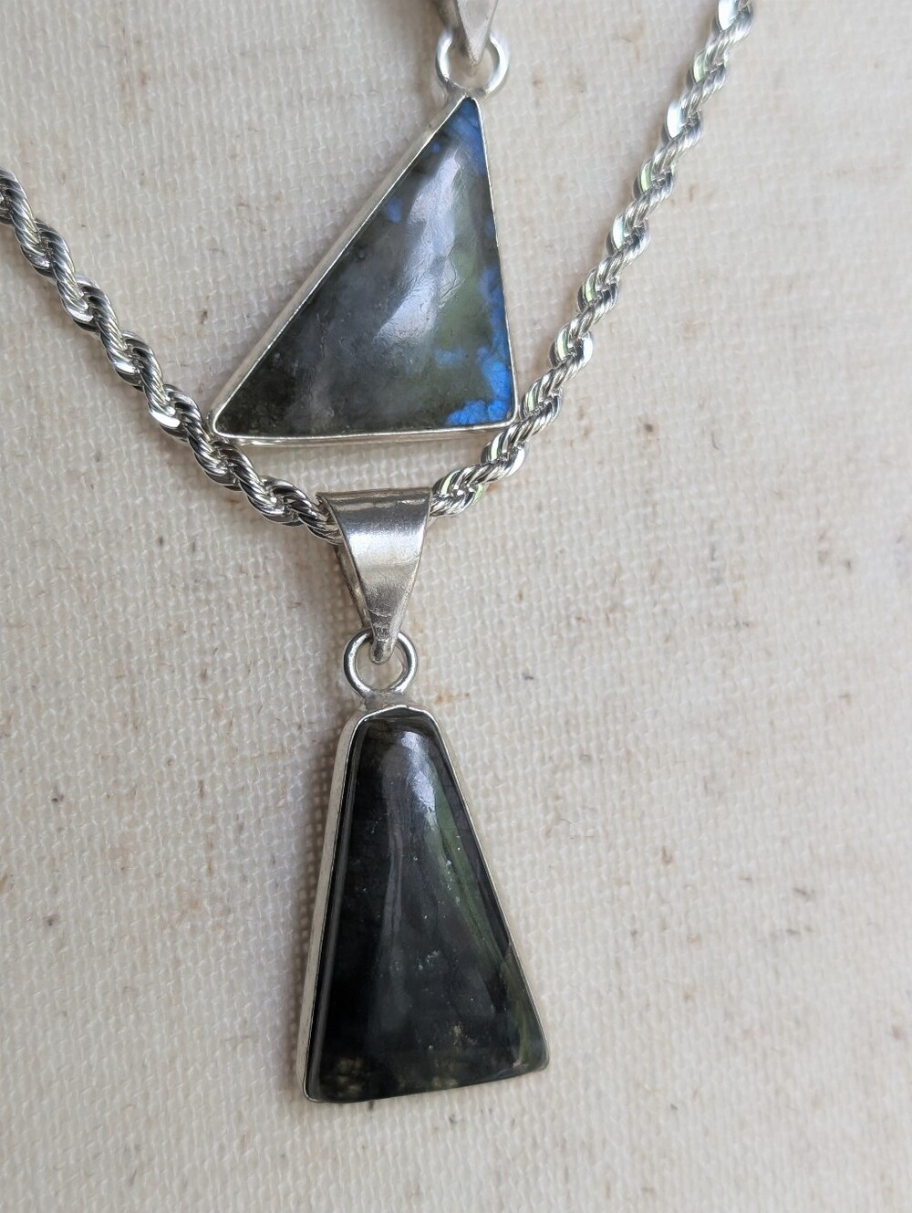 2 Silver Chains And 2 Labradorite Pendants